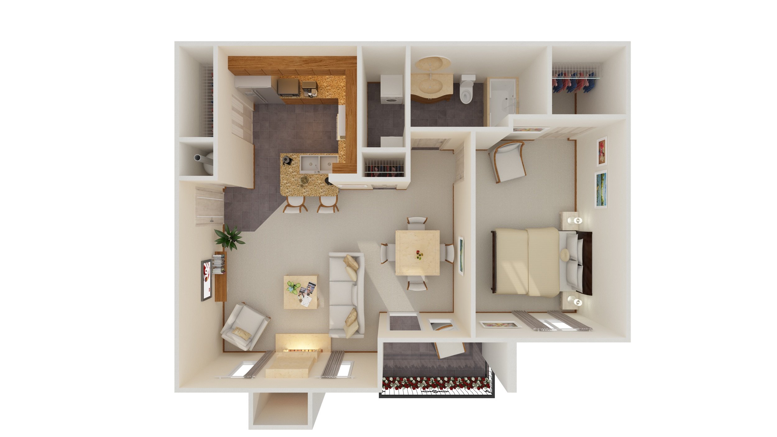 A top-down view of a small apartment with a kitchen